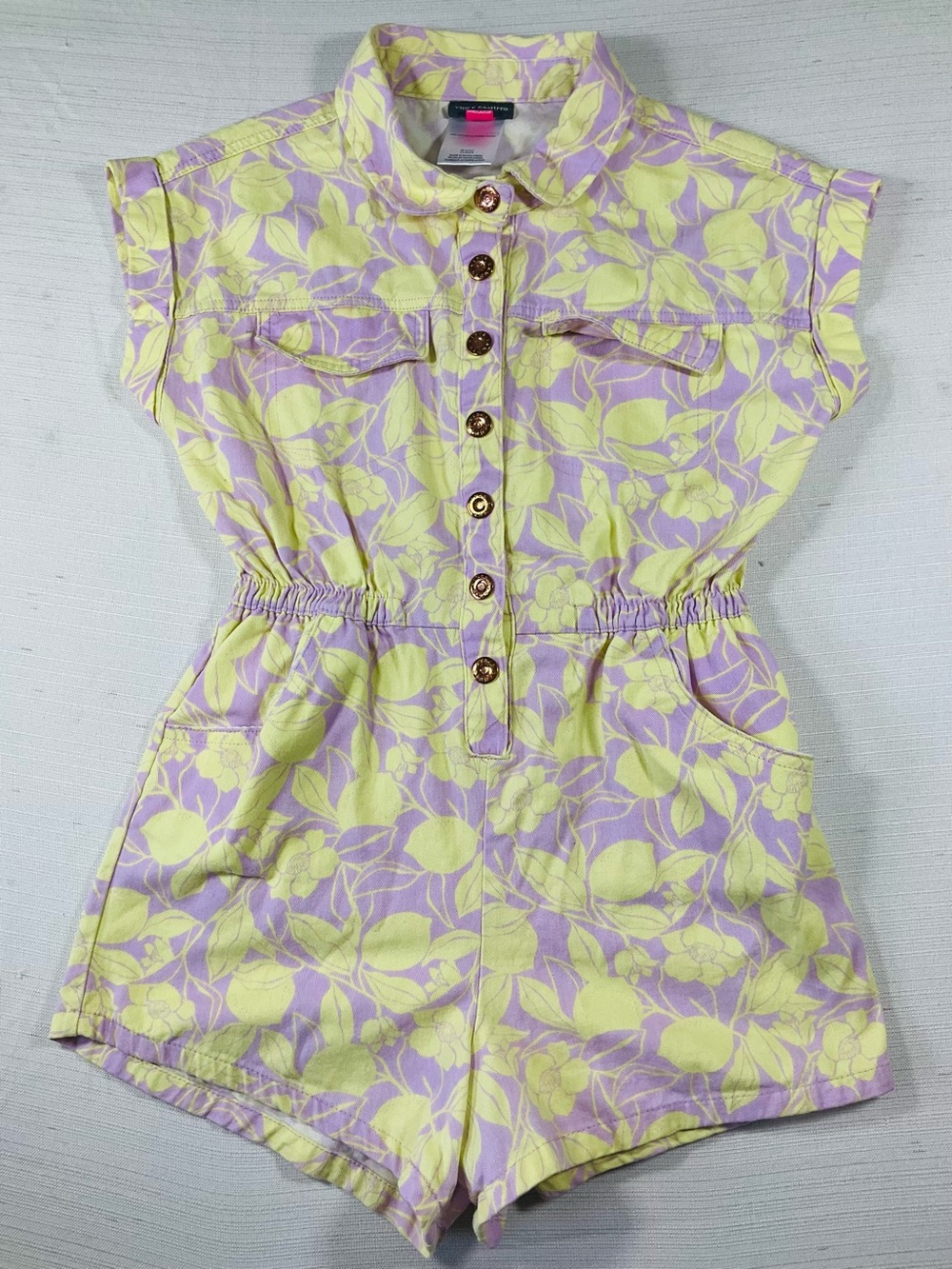 VINCE CAMUTO  Lavender and Yellow Floral Girls 10 Cap Sleeve Button Down Romper